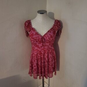 Urban Outfitters Pink Floral Puff Sleeve Tie Front Mini Dress Size S